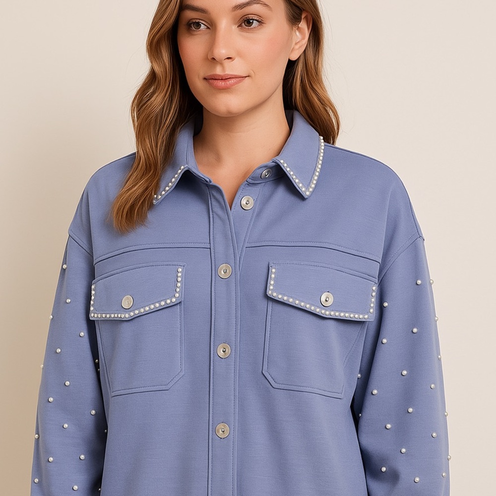 Fantastic Fawn - Brushed Knit Cream Pearl-Embellished Shacket- Baby Blue